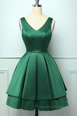 Wedding Aesthetic, Cute V Neck and V Back Layered Green Short Prom Dress, Short Green Homecoming Dress, Green Formal Evening Dress