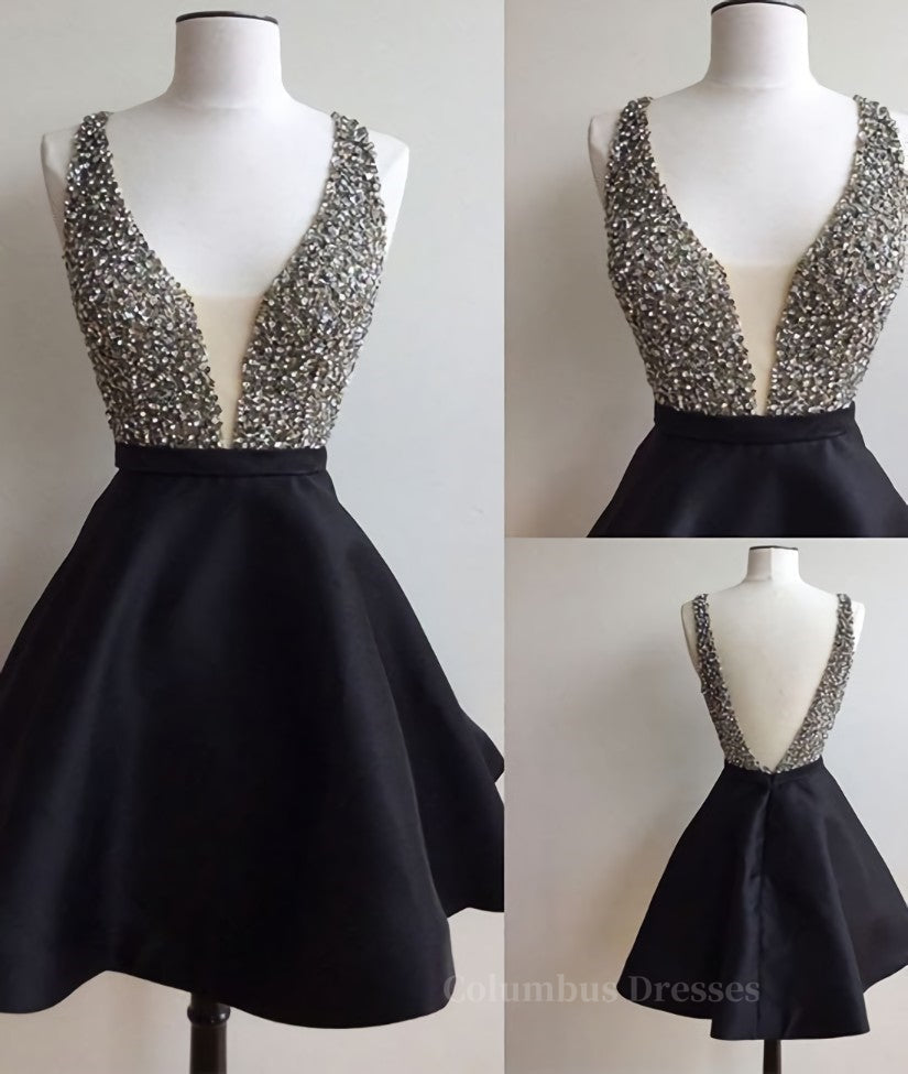 Formal Dresses Off The Shoulder, Cute V Neck And V Back Sequin Short Black Prom Dresses, Cute Short Black Homecoming Dresses