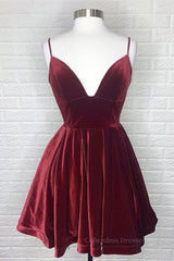 Silk Wedding Dress, Cute V Neck Backless Burgundy Velvet Short Prom Homecoming Dress, Backless Maroon Formal Graduation Evening Dress