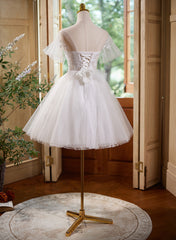 Cute White Tulle with Lace Short Party Dress, White Graduation Dress