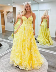 Cute Yellow A-Line Spaghetti Straps Long Prom Dress With Appliques