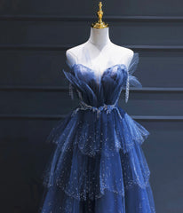 Dark Blue A Line Strapless Beaded Tulle Long Senior Prom Dress Evening Party Dress