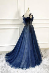 Dark Blue Tulle Sequin Long Prom Dresses A Line Birthday Party Dresses