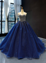 Dark Blue Tulle Sweetheart Beading Sequins Haute Couture Prom Dresses