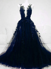 Dark Blue Tulle With Lace Long Evening Dress, A-line Dark Blue Prom Dress