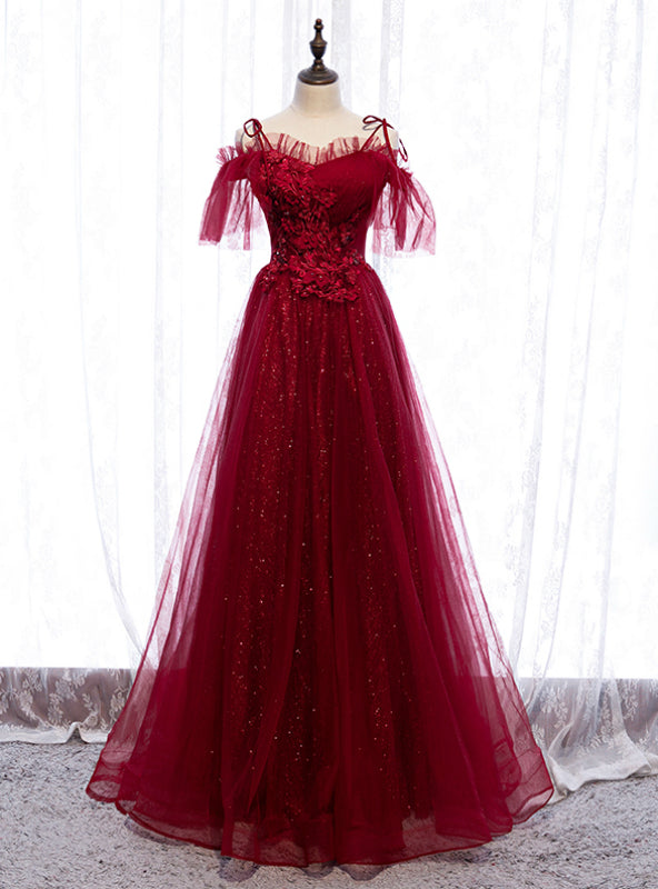 Dark Burgundy Tulle Spaghetti Straps Appliques Beading Prom Dress