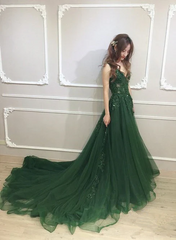 Dark Green Low Back Beaded Lace V-neckline Party Dress A-line Prom Dress Floor Length