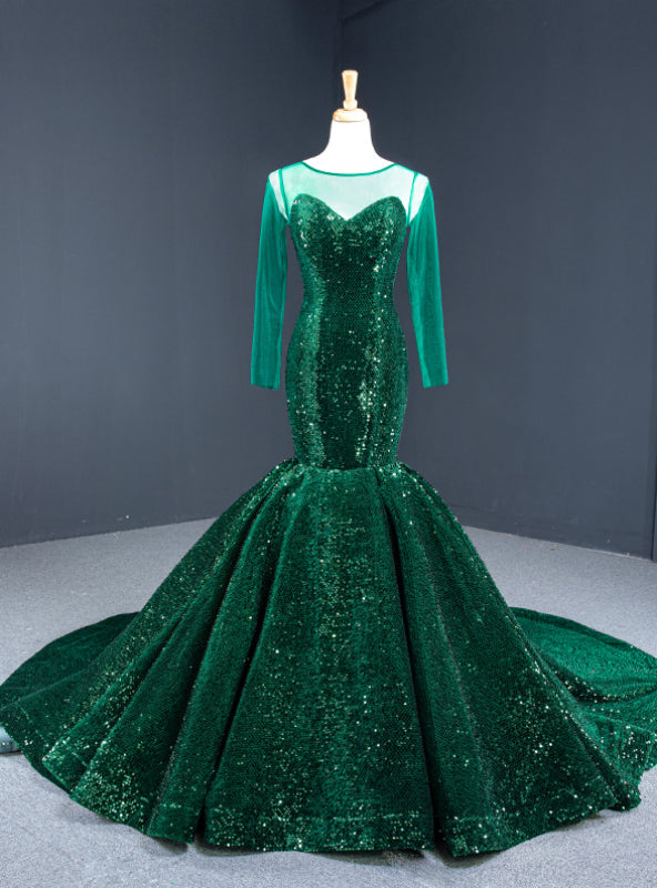 Dark Green Mermaid Sequins Long Sleeve Prom Dress With Train