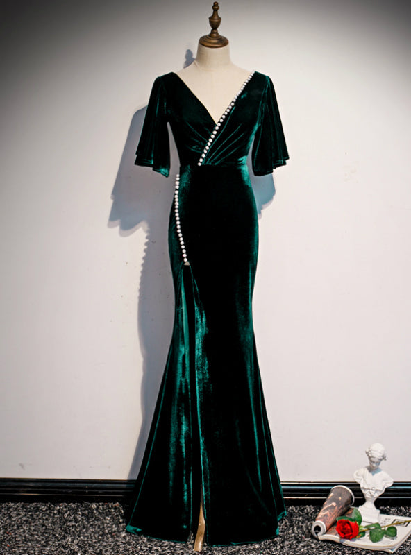 Dark Green Mermaid Velvet Short Sleeve V-neck Prom Dress