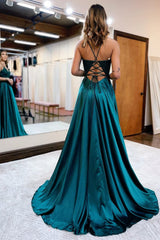 Dark Green Satin A-Line Appliques Prom Dress with Slit