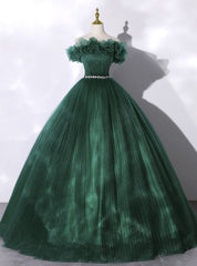 Dark Green Tulle Pleats Crystal Quinceanera Dress