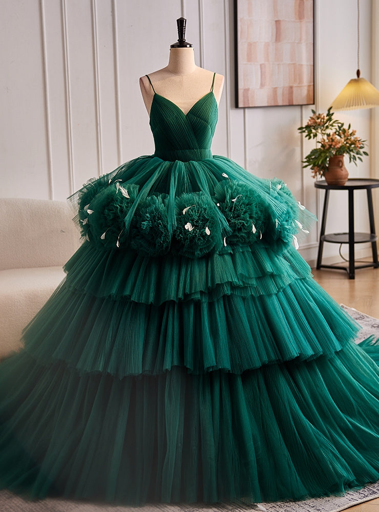 Dark Green Tulle Pleats Tiers Quinceanera Dress