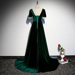 Wedding Dresses Unique, Dark Green Velvet Short Sleeves A-line Bridesmaid Dresses, A-line Wedding Party Dress Prom Dress