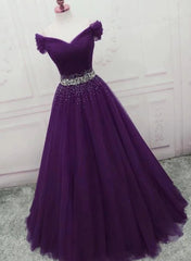 Dark Purple Beaded Tulle Off Shoulder Party Dress Purple Junior Prom Dresses prom dresses shops