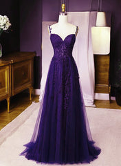 Dark Purple Sweetheart Tulle with Lace Straps Party Dress, Dark Purple Prom Dress