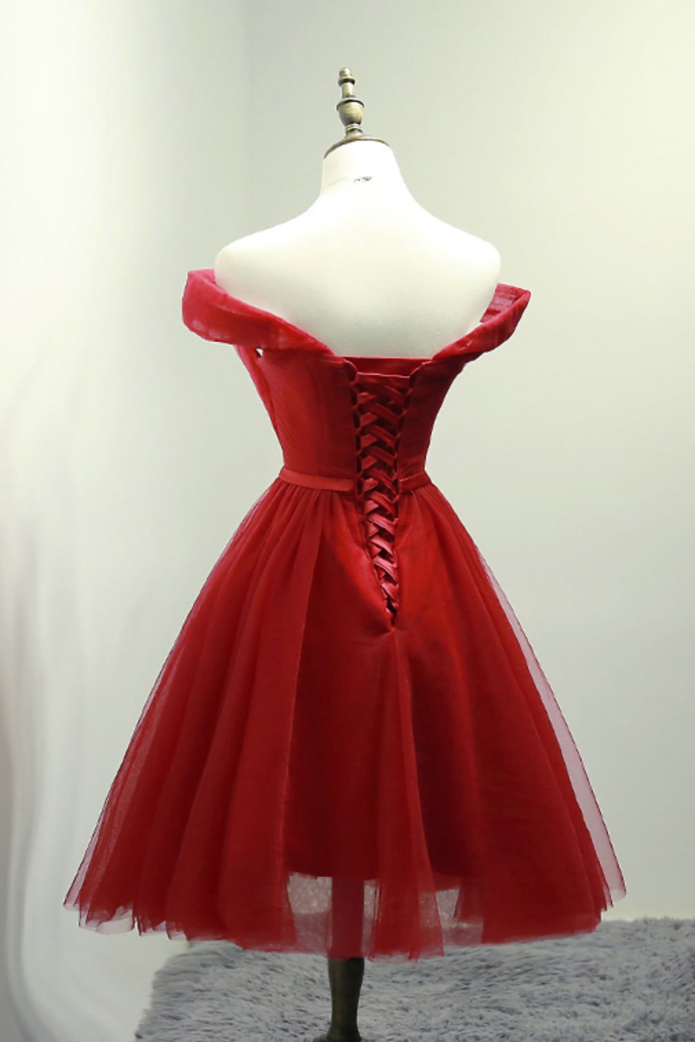 Formal Dresses For Wedding Guest, Dark Red Off the Shoulder Tulle Knee Length Party Dress, Red Homecoming Dress