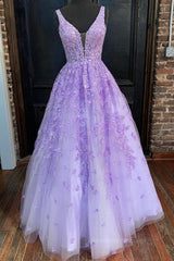 Formal Dresses Floral, Deep V Neck Purple Lace Long Prom Dresses, Purple Lace Formal Dresses, Purple Evening Dresses