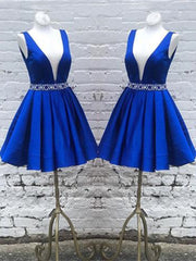 Wedding Shoes Bride, Deep V Neck Royal Blue Short Satin Prom Dresses, Royal Blue V Neck Short Formal Homecoming Dresses