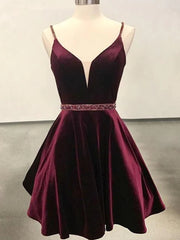 Bridesmaid Dresses Velvet, Deep V Neck Short Burgundy Prom Dresses, Deep V Neck Short Burgundy Formal Homecoming Dresses