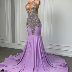 Long Lilac Sleeveless Halter Mermaid Prom Dress With Beadings