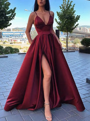 Semi Formal, Different Colors A-line Satin Sleeveless Spaghetti Straps Slit Prom Dress