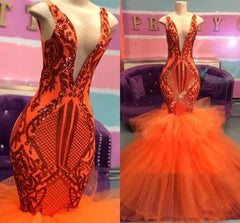 Party Dress Black And Gold, Black Girl Prom Dress, Orange Mermaid Lace Appliques Prom Dresses, Tulle Ruffles Sexy V Neck Cheap Evening Gowns