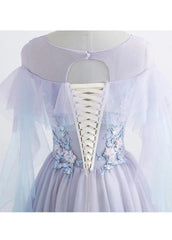 Formal Dresses With Sleeve, Princess Tulle Jewel Floor-length Prom Dress With Lace Appliques