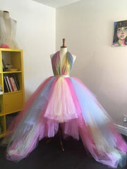 Party Dresses Designs, High Low Rainbow Tulle Prom Dress