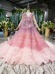 Dreamy Pink Ball Gown V-neck Long Sleeve Tulle Pleats Appliques Wedding Dress