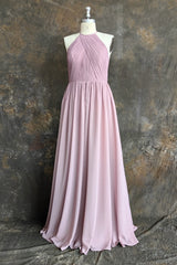 Dusty Rose Halter Keyhole Lace Long Bridesmaid Dresses