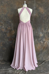 Dusty Rose Halter Keyhole Lace Long Bridesmaid Dresses