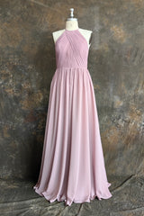 Dusty Rose Halter Keyhole Lace Long Bridesmaid Dresses