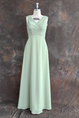 Dusty Sage Green  A-Line Spaghetti Straps Pleated Chiffon Bridesmaid Dress With Bow