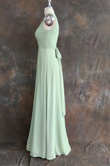 Dusty Sage Green  A-Line Spaghetti Straps Pleated Chiffon Bridesmaid Dress With Bow