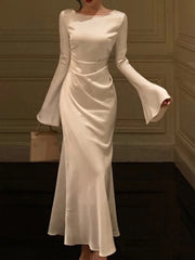 Elegant Solid Midi Dress Women Flare Sleeve Slim Mermaid Spring New French Vintage Wedding Party Dress