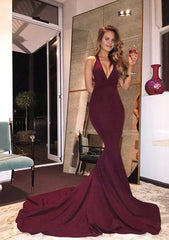 Prom Dress With Sleeves, Elastic Satin Court Train Trumpet/Mermaid Sleeveless V-Neck Zipper Prom Dress