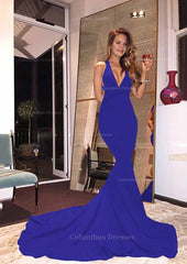 Prom Dress Tulle, Elastic Satin Court Train Trumpet/Mermaid Sleeveless V-Neck Zipper Prom Dress