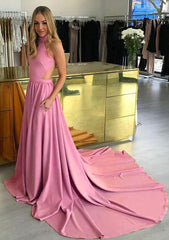 Prom Dress Glitter, Elastic Satin Prom Dress A-Line/Princess High-Neck Chapel Train With Pleated