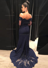 Bridesmaid Dress Color Schemes, Elastic Satin Prom Dress Sheath/Column Off-The-Shoulder Court Train With Lace