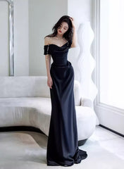 Elegant Black Off Shoulder Long Formal Gown, Black Satin Prom Dress Party Dress