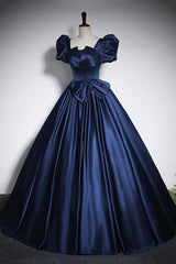 Prom Dress Shop Near Me, Elegant Blue Satin Prom Dresses, Square Neckline Puffy Short Sleeve Bow Backless Floor-Length Formal Dresses