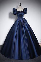 Prom Dresses Mermaid, Elegant Blue Satin Prom Dresses, Square Neckline Puffy Short Sleeve Bow Backless Floor-Length Formal Dresses