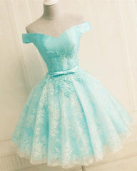 Prom Dresses Graduacion, Elegant Lace Appliques Satin Off The Shoulder Homecoming Dress Short