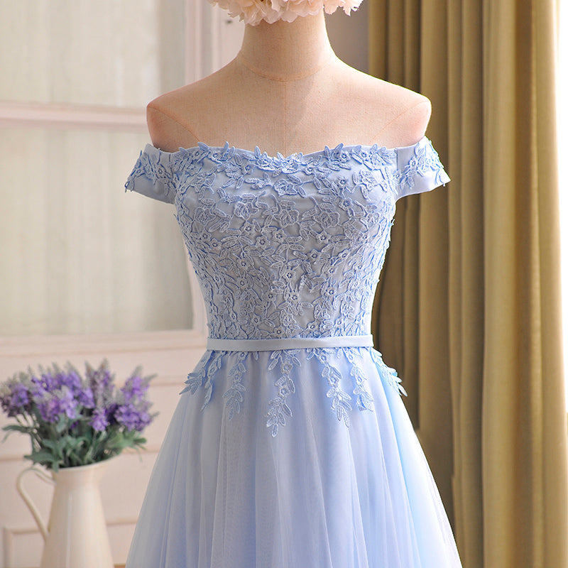 Gown Dress, Elegant Light Blue Lace Applique Top Long Party Dress, Off Shoulder Bridesmaid Dress