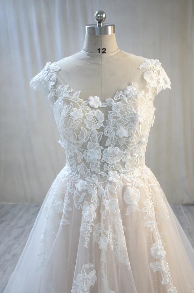 Wedding Dress Outlet Near Me, Elegant Long A-Line Bateau Backless Appliques Lace Tulle Wedding Dress