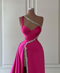 Evening Dresses Vintage, Elegant Long A-line One Shoulder Sweetheart Sleeveless Satin Prom Dress With Slit