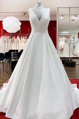 Weddings Dresses Vintage, Elegant Long A-line V Neck Satin Ruffles Open Back Wedding Dresses