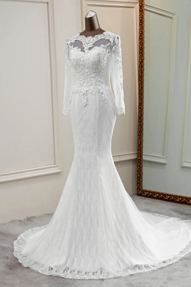 Wedding Dress Elegant Simple, Elegant Long Mermaid Tulle Jewel Wedding Dress with Sleeves