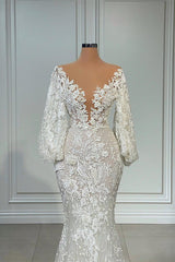 Wedding Dresses The Bride, Elegant Long Sleeves Mermaid V-neck Tulle Lace Wedding Dresses