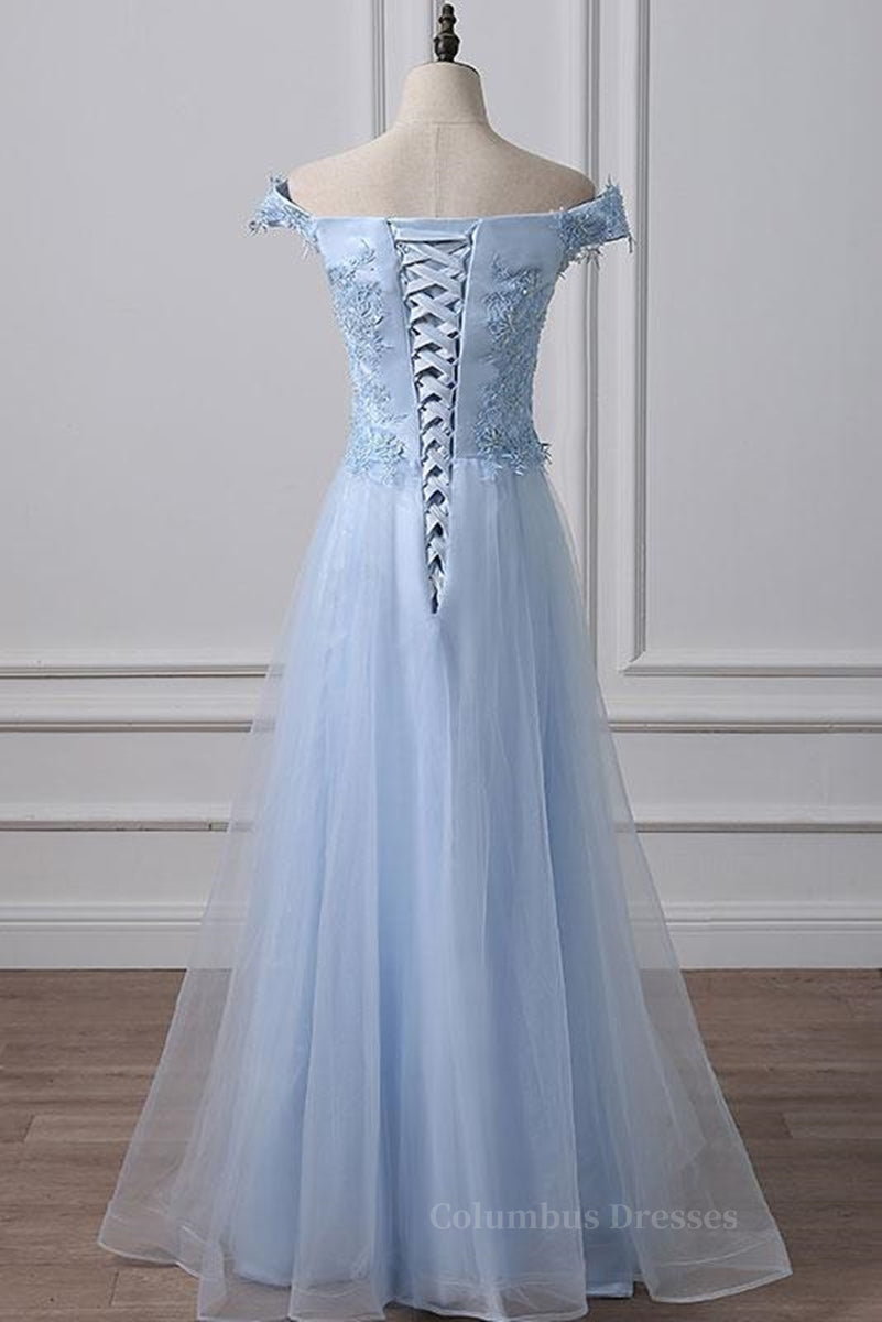 Formal Dresses Long Sleeve, Elegant Off Shoulder Long Sky Blue Lace Prom Dress, Off Shoulder Sky Blue Formal Dress, Sky Blue Lace Evening Dress